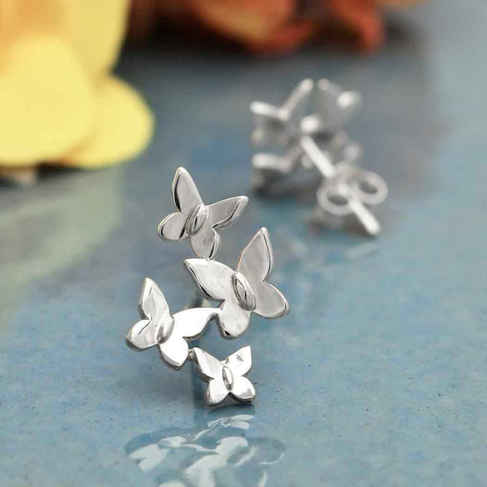 Nina Designs Butterfly Cluster Post Earrings 17x11mm: Recycled Sterling Silver