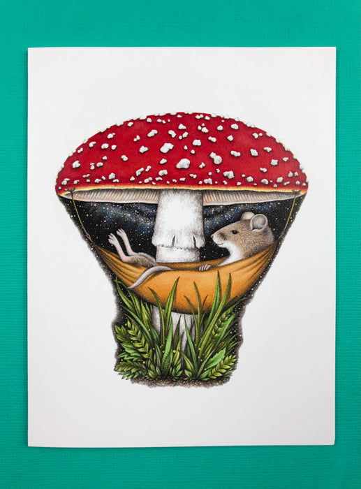 Abundance Illustration Mouse in a mushroom hammock card - blank inside