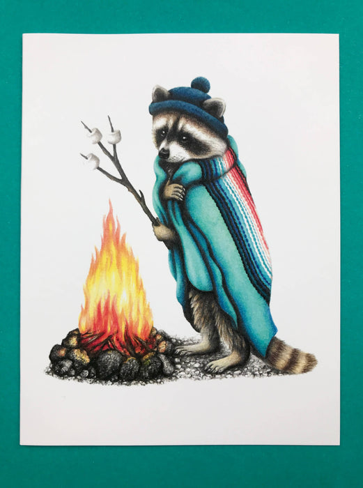 Abundance Illustration - A2 size raccoon at campfire greeting card (blank inside)