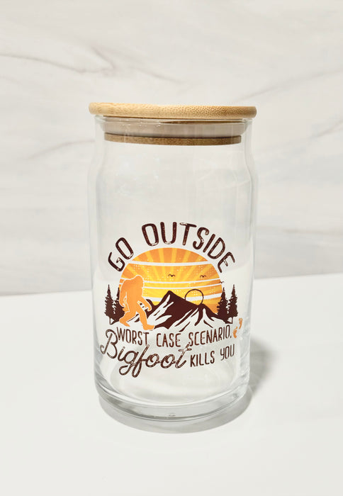 HandCrofted DISCONTINUED Go Outside Bigfoot Clear Glass Can
