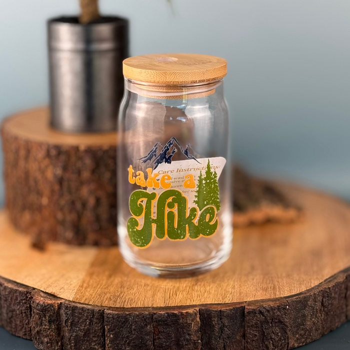 HandCrofted DISCONTINUED Take A Hike Clear Glass Can