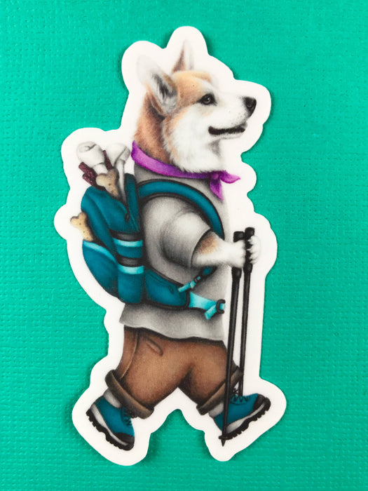 Abundance Illustration - Hiking corgi with backpack of snacks sticker