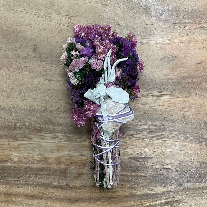 Andaluca - 6" Pink & Purple Floral Smudge Wand w/ Sage & Quartz Crystal