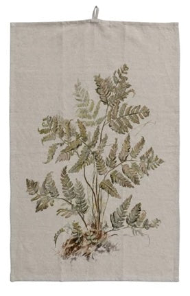 Creative Co op Cotton & Linen Printed Tea Towel w/ Botanical Image & Loop