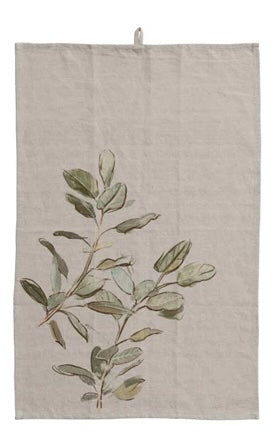 Creative Co op Cotton & Linen Printed Tea Towel w/ Botanical Image & Loop