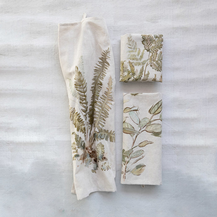 Creative Co op Cotton & Linen Printed Tea Towel w/ Botanical Image & Loop