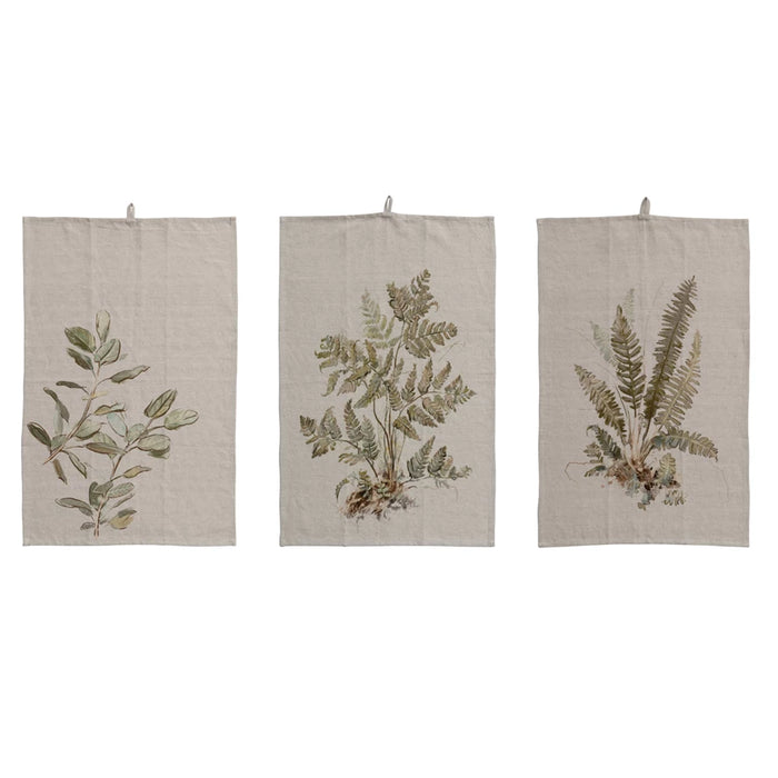 Creative Co op Cotton & Linen Printed Tea Towel w/ Botanical Image & Loop