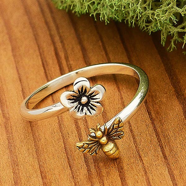 Nina Designs Sterling Silver Adjustable Ring - Flower and Bee Ring