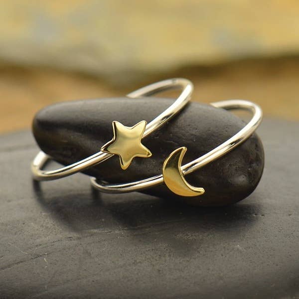 Nina Designs Sterling Silver Ring Set - Tiny Bronze Moon and Star