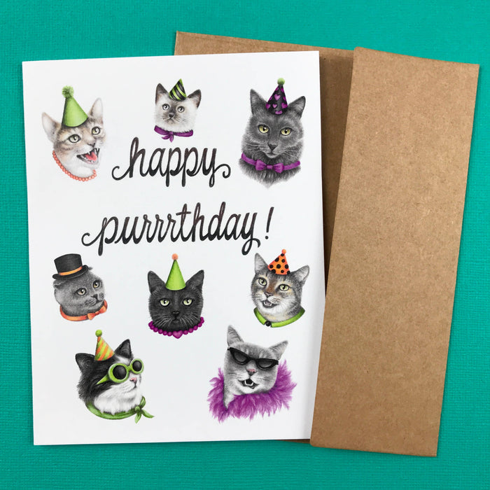 Abundance Illustration - A2 size Happy Purrrthday! cat card, printed in US
