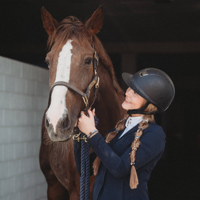 K'lani hair tie bracelets - "Gallop" Horse & Bit Equestrian Accents in Rich Brown & Blue Hair Tie Bracelets