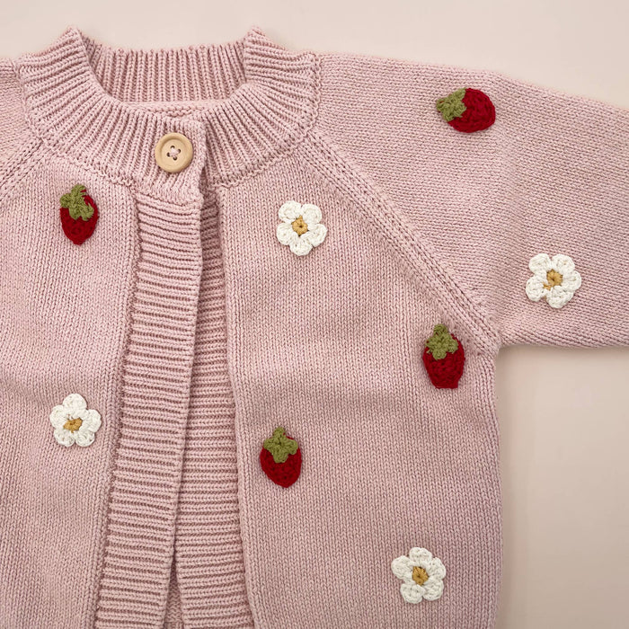 The Blueberry Hill - Cotton Strawberry Flower Cardigan Blush Baby Sweater Clothes