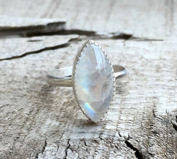 Gilded Bug Jewelry - Elegant Marquise Rainbow Moonstone Serrated Bezel Ring