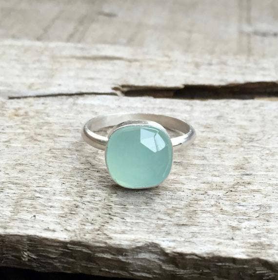 Gilded Bug Jewelry - Romantic Cushion Cut Aqua Ocean Blue Chalcedony Boho Ring in Sterling Silver