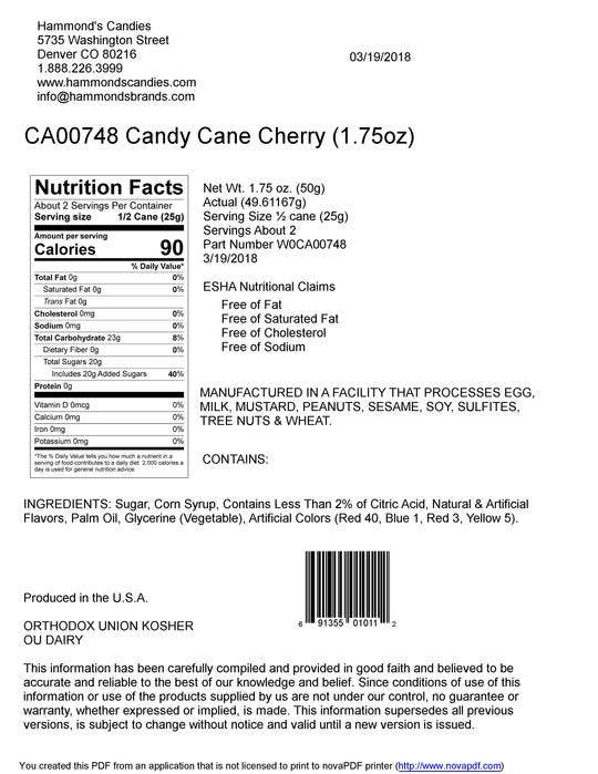 Hammond's Candies - Hand-Spun Jumbo Candy Cane - Cherry - 1.75 oz