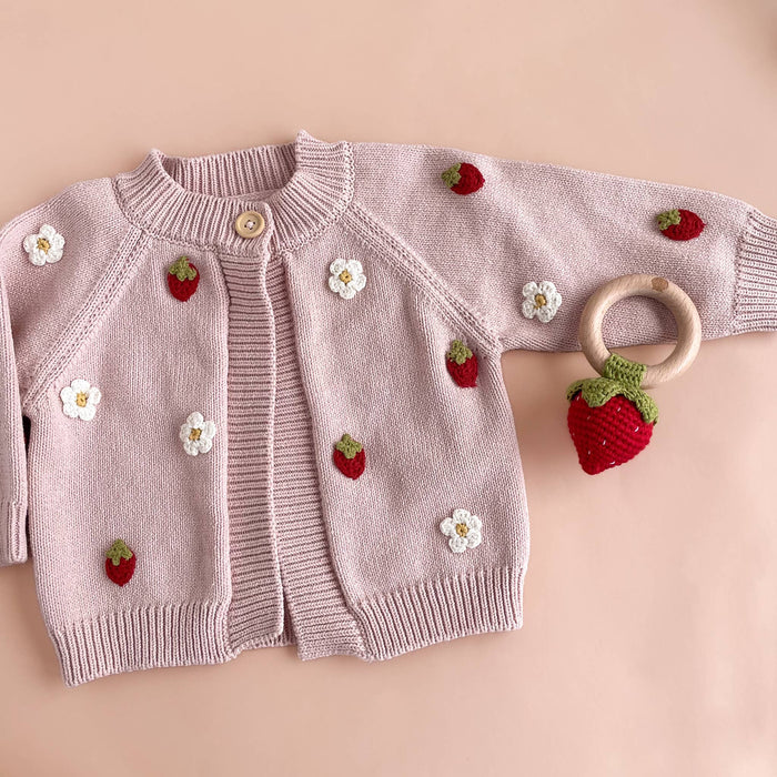 The Blueberry Hill - Cotton Strawberry Flower Cardigan Blush Baby Sweater Clothes