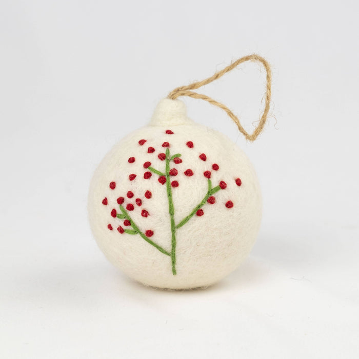 The Winding Road - Holiday Felt Ball Ornament Hand Embroidered White Assorted