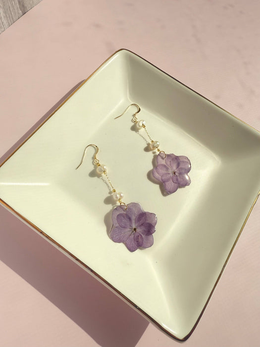 Indigo & Lily Co. - Pressed Hydrangea Earrings with Freshwater Pearls, 14k gf