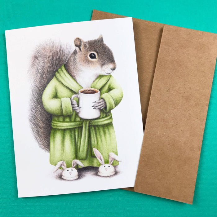 Abundance Illustration Squirrel with coffee greeting card (blank inside)