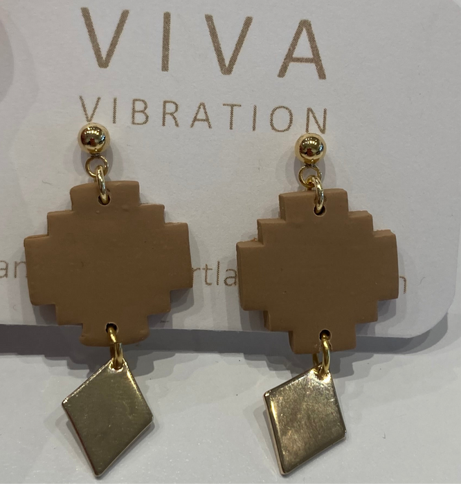 Viva Vibrations Gold Post Earrings with Aztec beige design