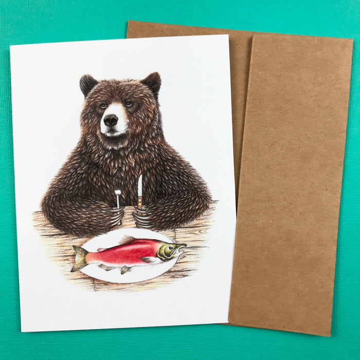 Abundance Illustration Bear with salmon greeting card (blank inside)