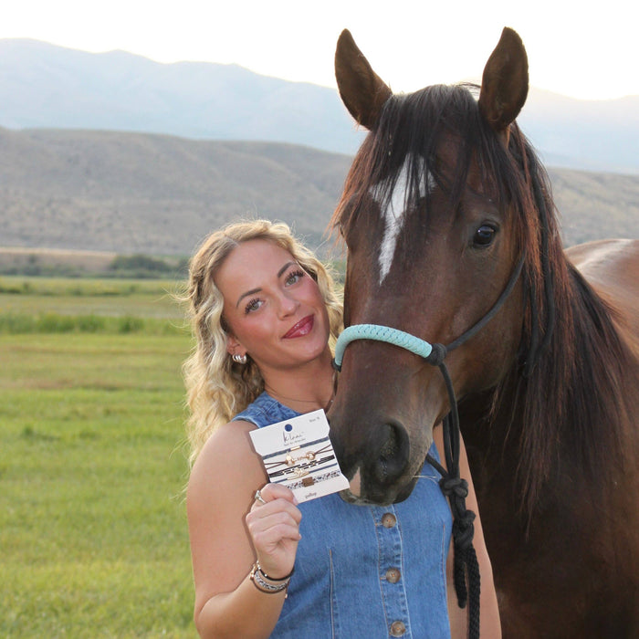 K'lani hair tie bracelets - "Gallop" Horse & Bit Equestrian Accents in Rich Brown & Blue Hair Tie Bracelets