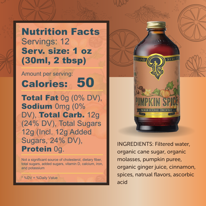 Portland Syrups - Pumpkin Spice Syrup 12 oz - coffee, tea, cocktail mixer