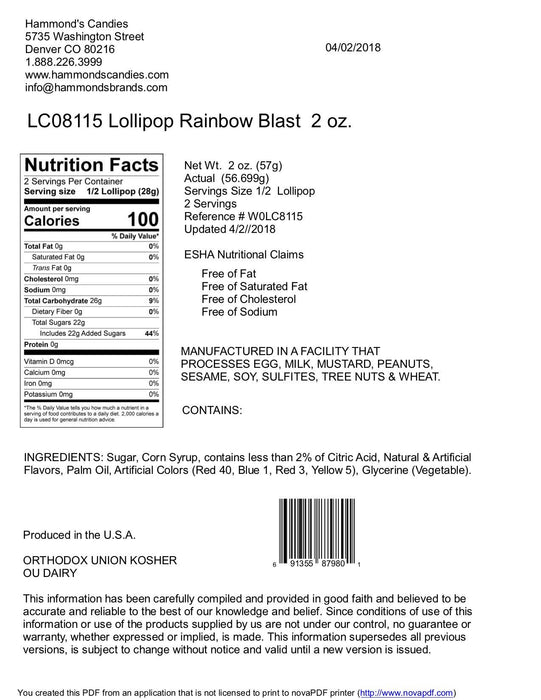 Hammond's Candies - Handmade Lollipop w/ Bow - Rainbow Blast Fruit Punch - 2 oz