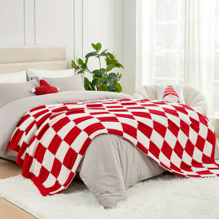 DreamValley - Snuggle Sac Checkered Faux Fur Soft Warm Microfiber Throw Blanket