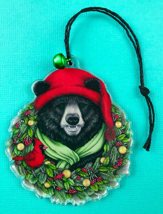 Abundance Illustration - Holiday ornament bear with wreath and green bell