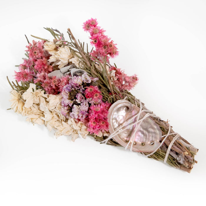 Andaluca - 6" Pink & White Floral Smudge Wand with Shell