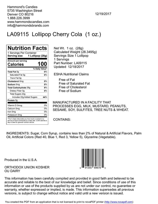 Hammond's Candies - Handmade Lollipop - Cherry Cola - 1 oz