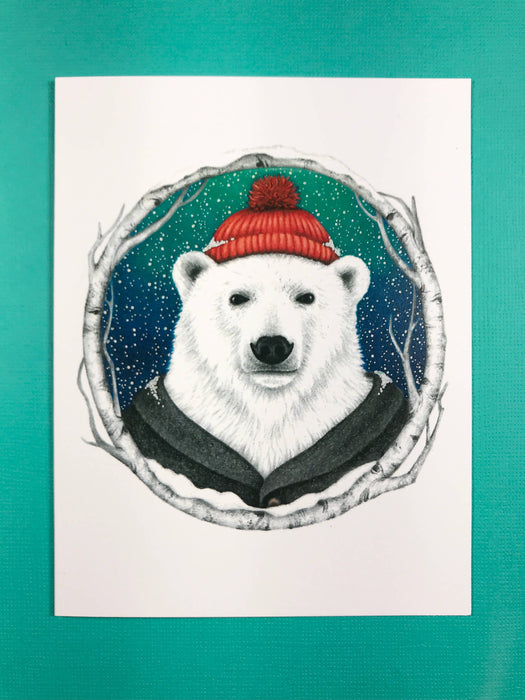 Abundance Illustration - A2 size Polar Bear in a beanie greeting card (blank inside)