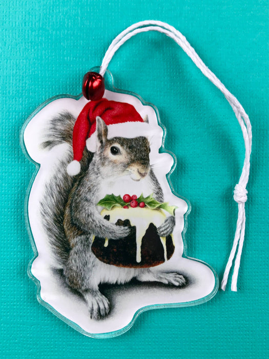 Abundance Illustration - Holiday ornament Santa Squirrel with red bell