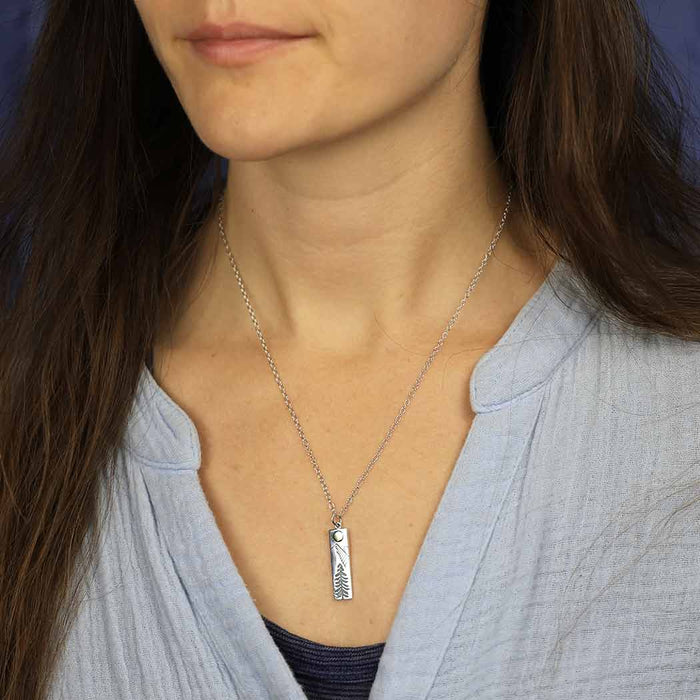 Nina Designs - Sterling Silver 18 Inch Rectangle Pine Tree Charm Necklace