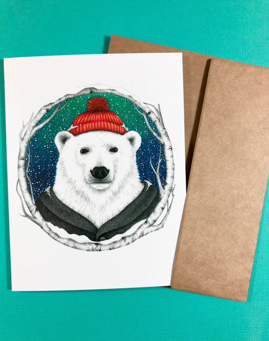 Abundance Illustration - A2 size Polar Bear in a beanie greeting card (blank inside)