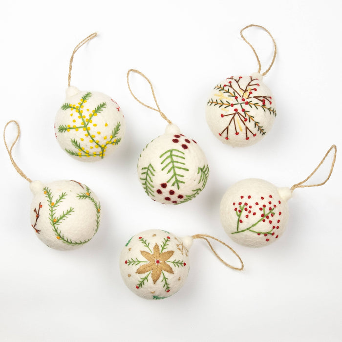 The Winding Road - Holiday Felt Ball Ornament Hand Embroidered White Assorted