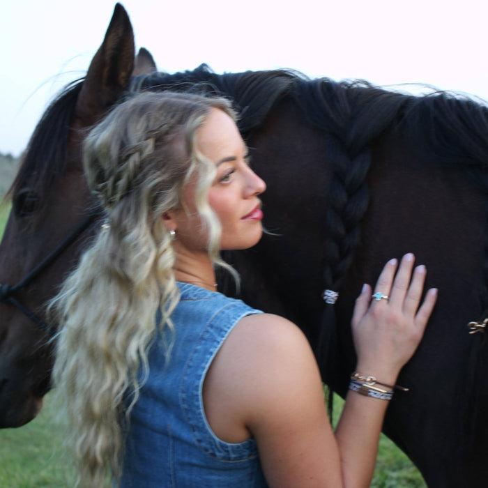 K'lani hair tie bracelets - "Gallop" Horse & Bit Equestrian Accents in Rich Brown & Blue Hair Tie Bracelets