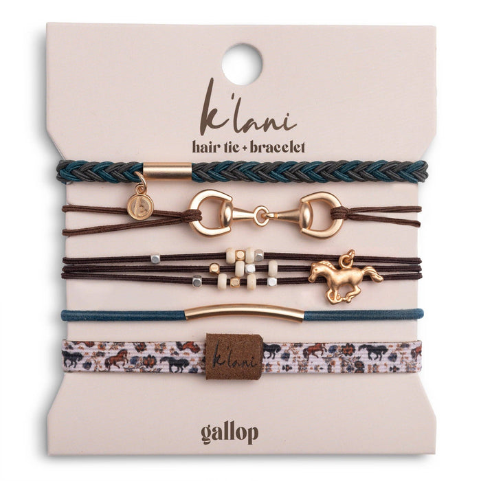 K'lani hair tie bracelets - "Gallop" Horse & Bit Equestrian Accents in Rich Brown & Blue Hair Tie Bracelets