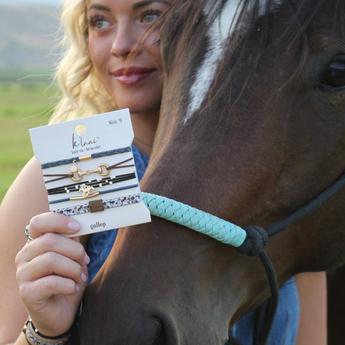 K'lani hair tie bracelets - "Gallop" Horse & Bit Equestrian Accents in Rich Brown & Blue Hair Tie Bracelets