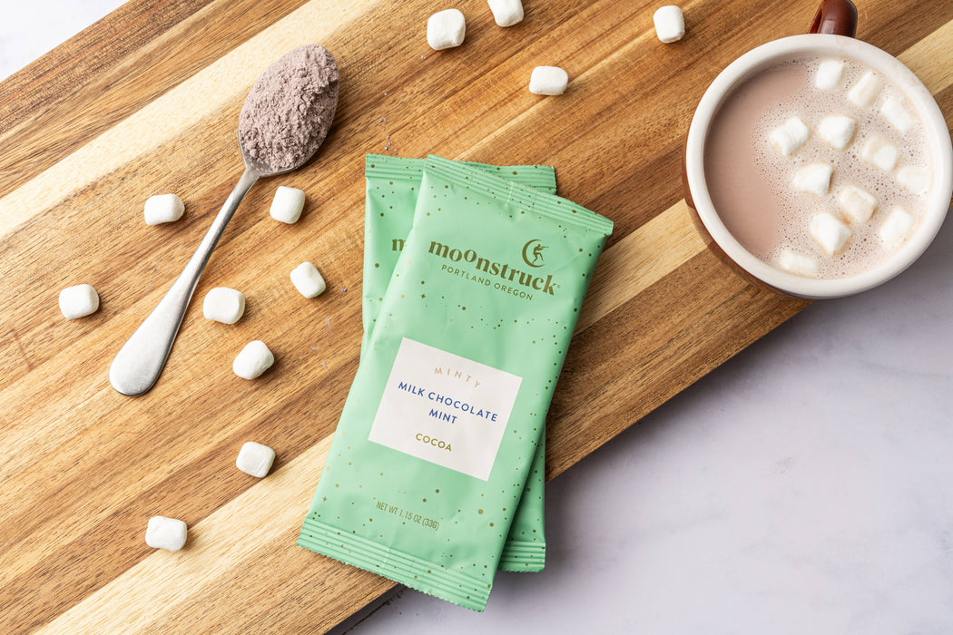 Moonstruck Chocolate Co - Minty: Mint Milk Chocolate Hot Cocoa Single Serving Pouch