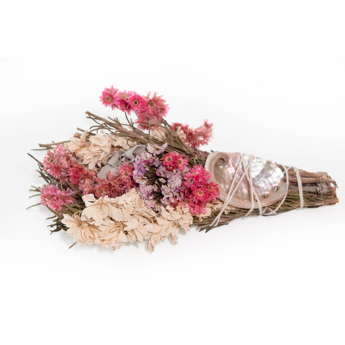 Andaluca - 6" Pink & White Floral Smudge Wand with Shell