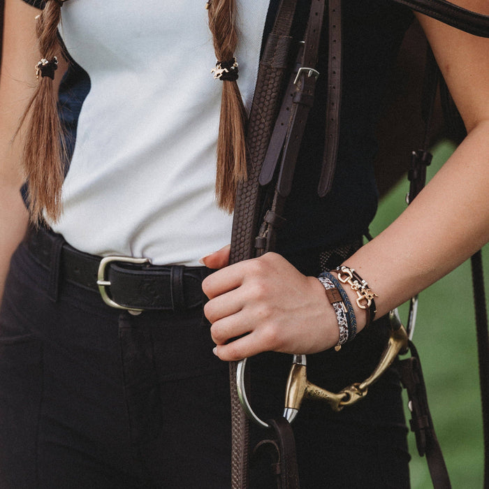 K'lani hair tie bracelets - "Gallop" Horse & Bit Equestrian Accents in Rich Brown & Blue Hair Tie Bracelets