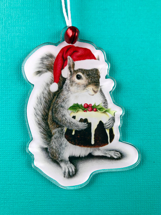 Abundance Illustration - Holiday ornament Santa Squirrel with red bell