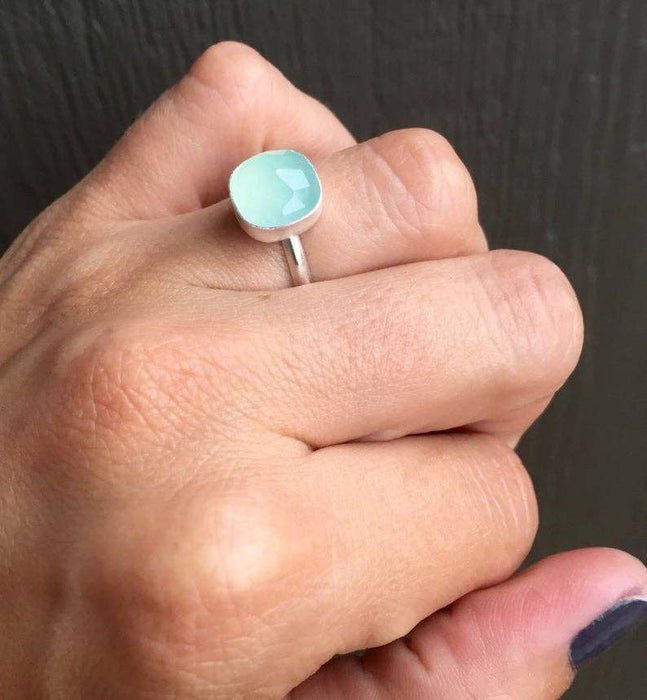 Gilded Bug Jewelry - Romantic Cushion Cut Aqua Ocean Blue Chalcedony Boho Ring in Sterling Silver