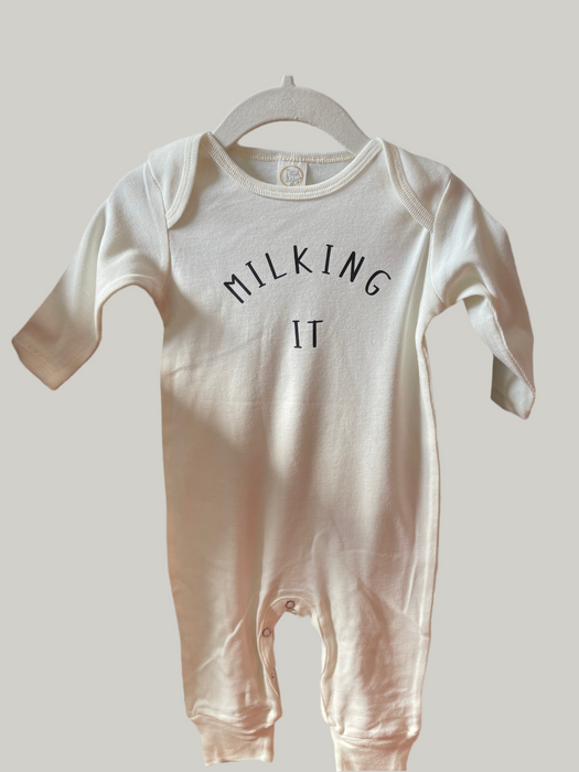 Camas Creations Striped Cotton Romper "MILKING IT"