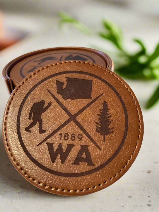 Camas Creations Leather Coaster set "Camas WA" set of 6