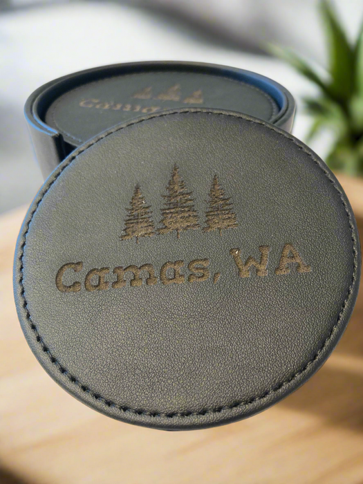 Camas Creations Leather Coaster set "Camas WA" set of 6