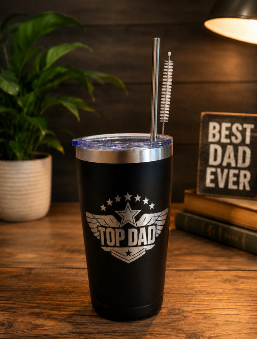 Top Dad 20 oz Insulated Laser Engraved Travel Tumbler - Stainless Steel Father's Day Gift