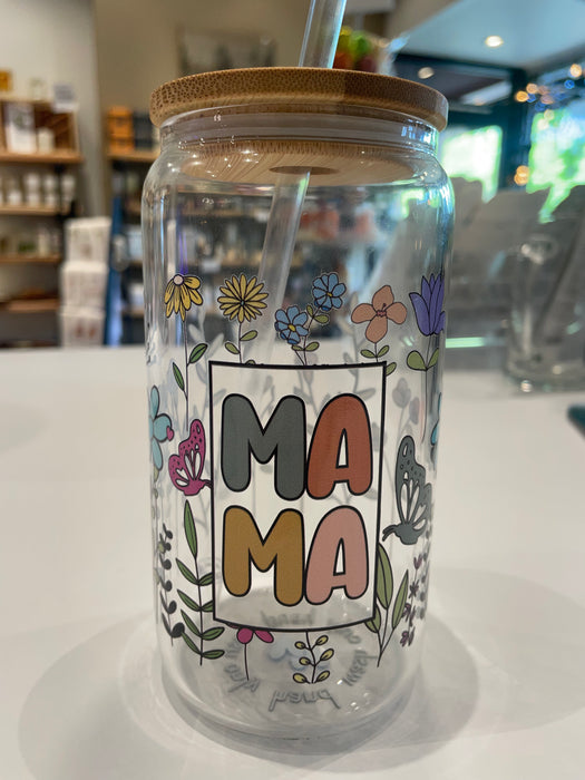 MMS Clear Glass Cup MAMA wildflowers